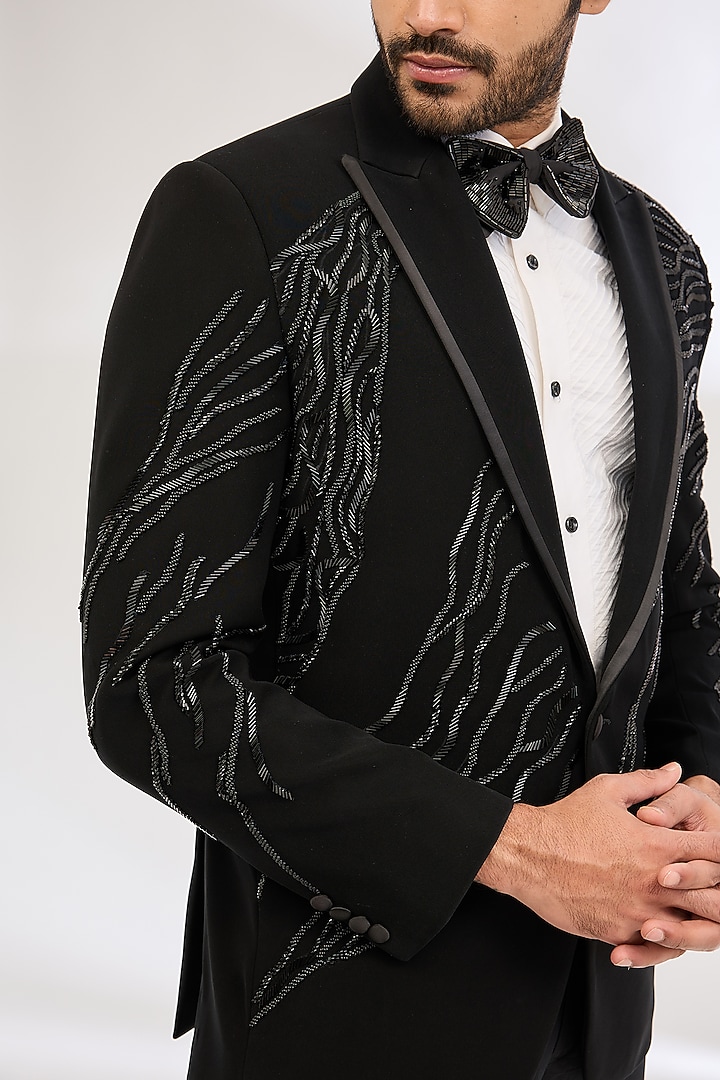 Black Italian Crepe Bead Hand Embroidered Tuxedo by Dev Kumar at Pernia's Pop Up Shop