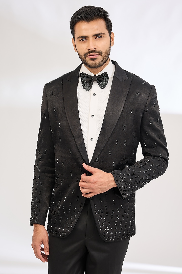 Black Italian Crepe Cutbead Hand Embroidered Tuxedo by Dev Kumar