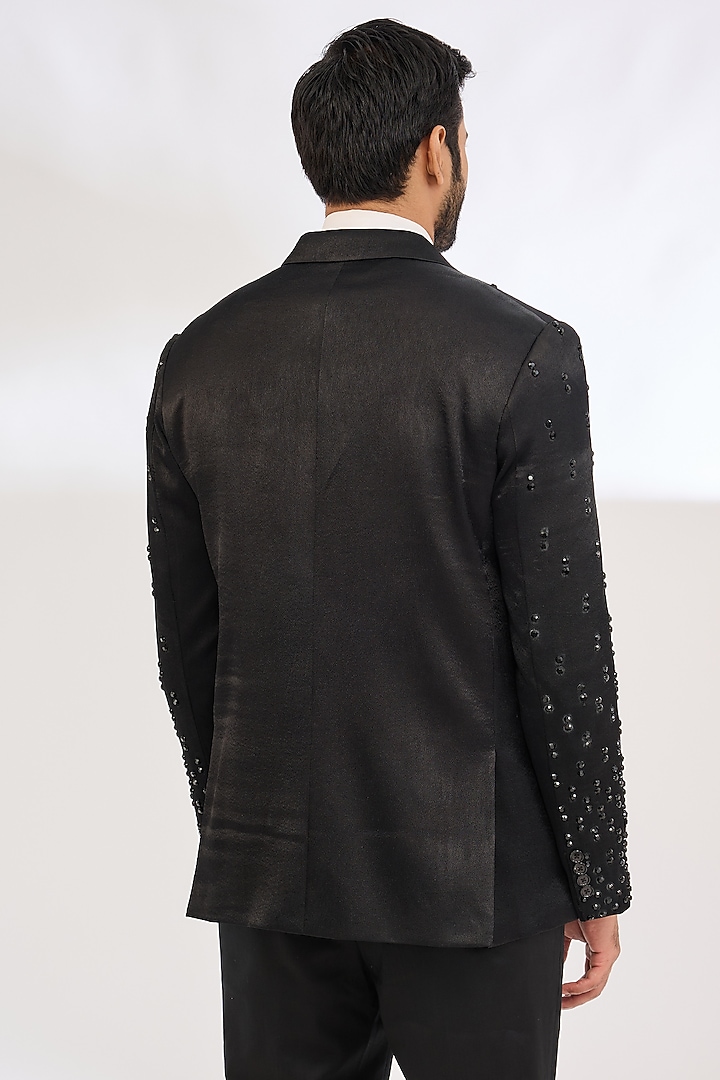 Black Italian Crepe Cutbead Hand Embroidered Tuxedo by Dev Kumar at Pernia's Pop Up Shop