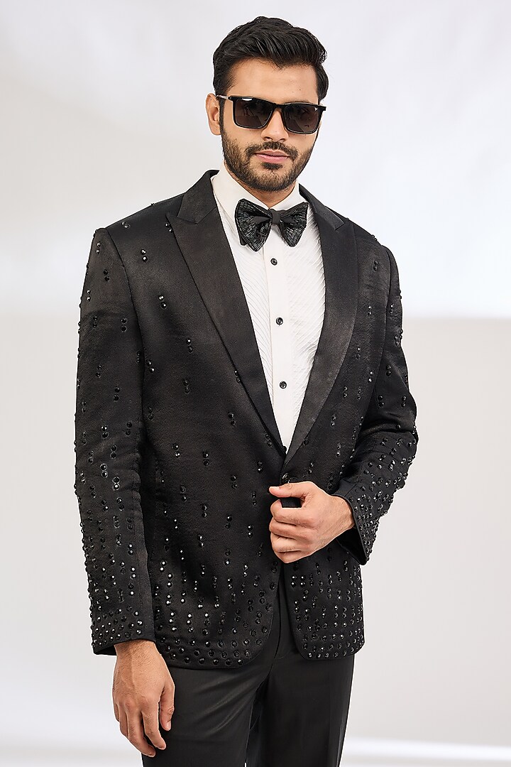 Black Italian Crepe Cutbead Hand Embroidered Tuxedo by Dev Kumar at Pernia's Pop Up Shop