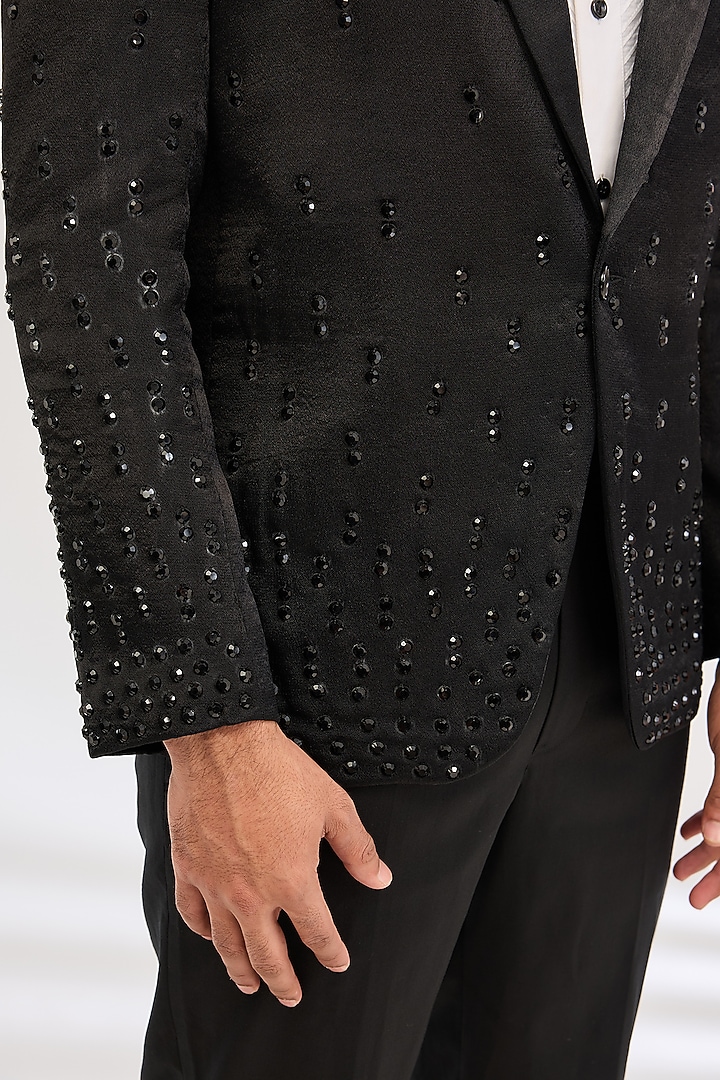 Black Italian Crepe Cutbead Hand Embroidered Tuxedo by Dev Kumar at Pernia's Pop Up Shop