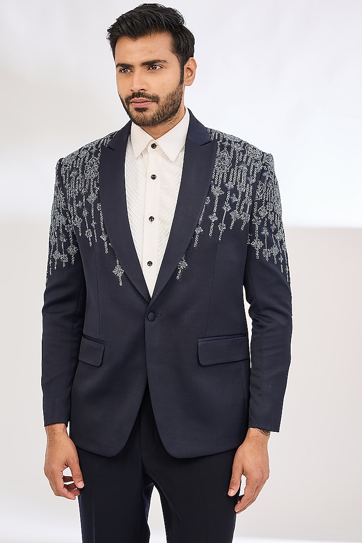 Blue Italian Crepe Cutdana Embroidered Tuxedo by Dev Kumar