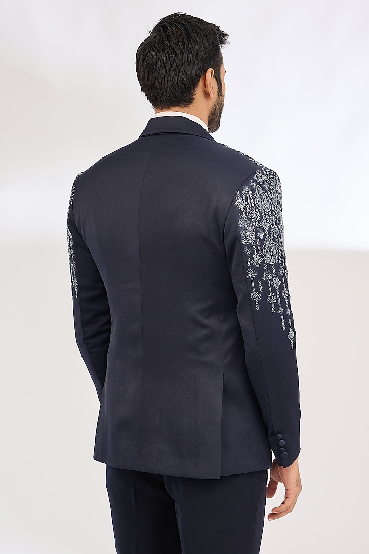 Blue Italian Crepe Cutdana Embroidered Tuxedo by Dev Kumar at Pernia's Pop Up Shop