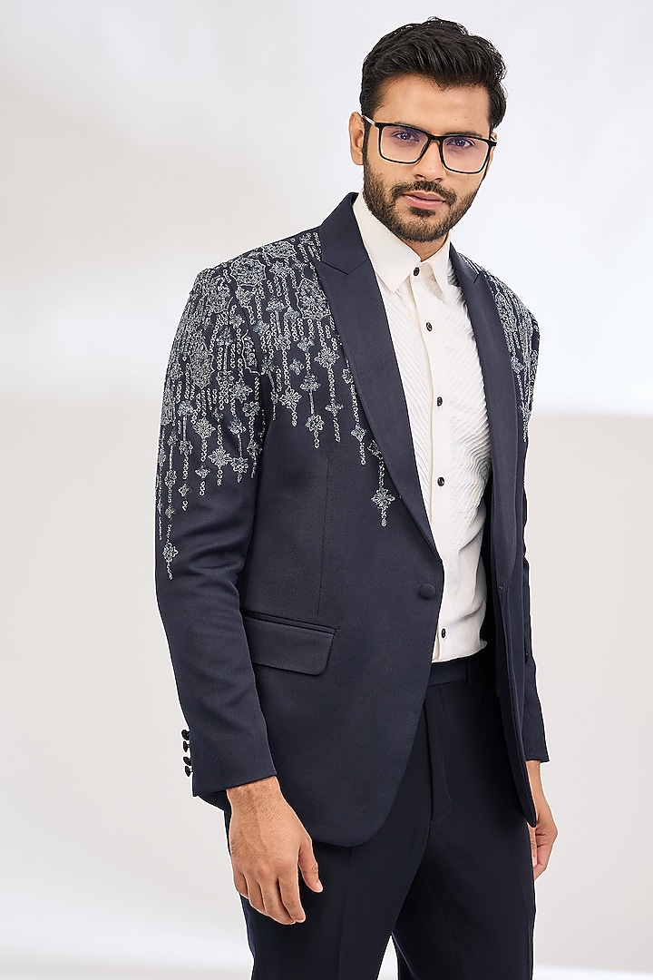 Blue Italian Crepe Cutdana Embroidered Tuxedo by Dev Kumar at Pernia's Pop Up Shop