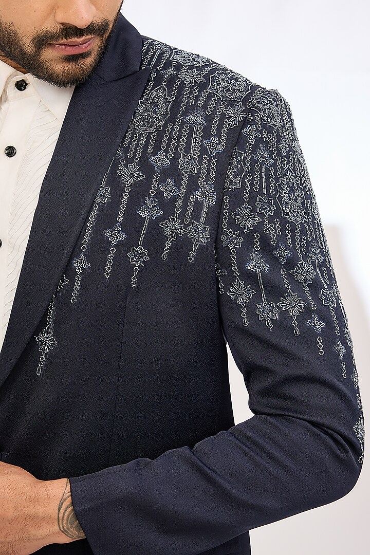 Blue Italian Crepe Cutdana Embroidered Tuxedo by Dev Kumar at Pernia's Pop Up Shop