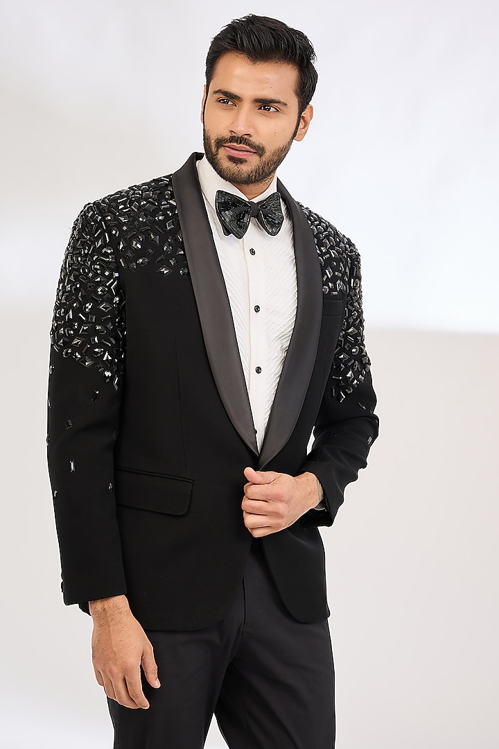 Black Italian Crepe Bead Hand Embroidered Tuxedo by Dev Kumar