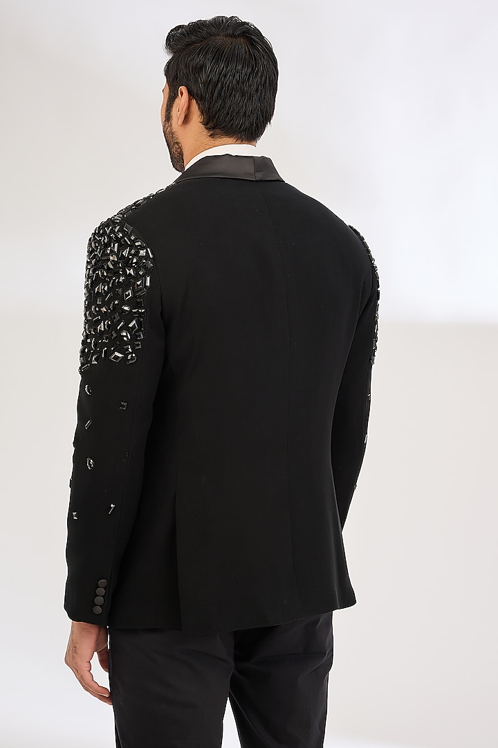 Black Italian Crepe Bead Hand Embroidered Tuxedo by Dev Kumar at Pernia's Pop Up Shop