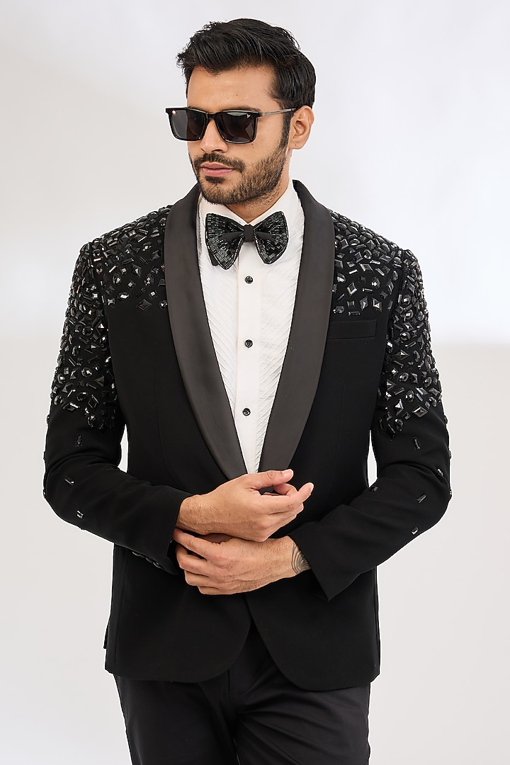 Black Italian Crepe Bead Hand Embroidered Tuxedo by Dev Kumar at Pernia's Pop Up Shop