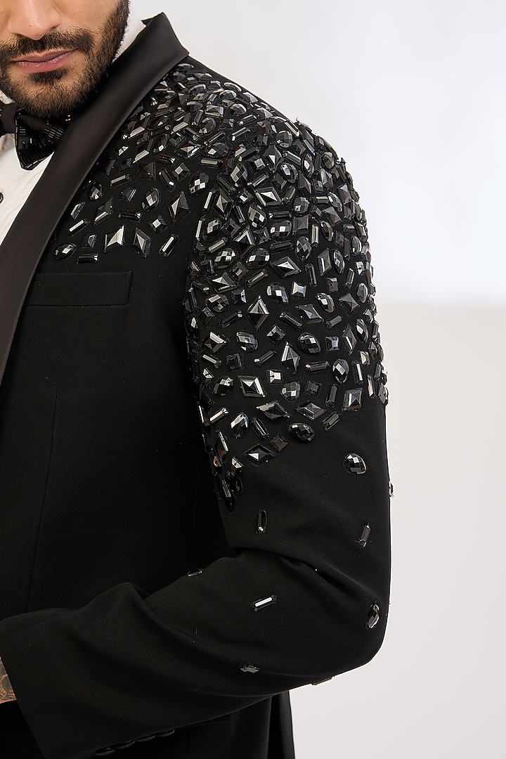 Black Italian Crepe Bead Hand Embroidered Tuxedo by Dev Kumar at Pernia's Pop Up Shop