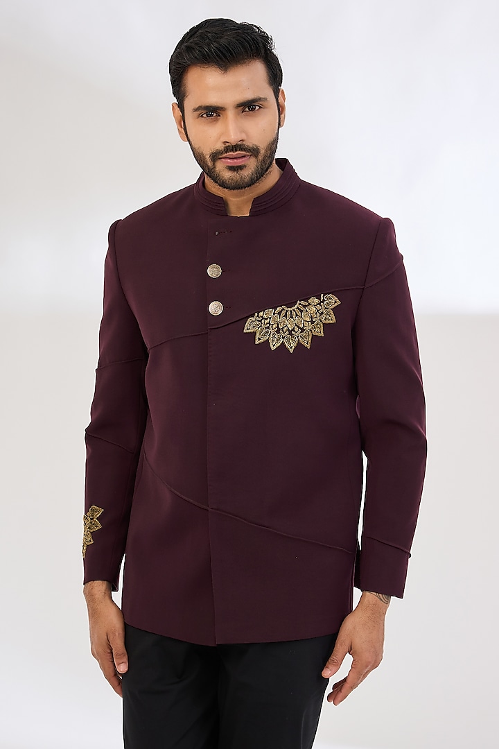 Maroon Italian Crepe Cutdana Hand Embroidered Bandhgala by Dev Kumar