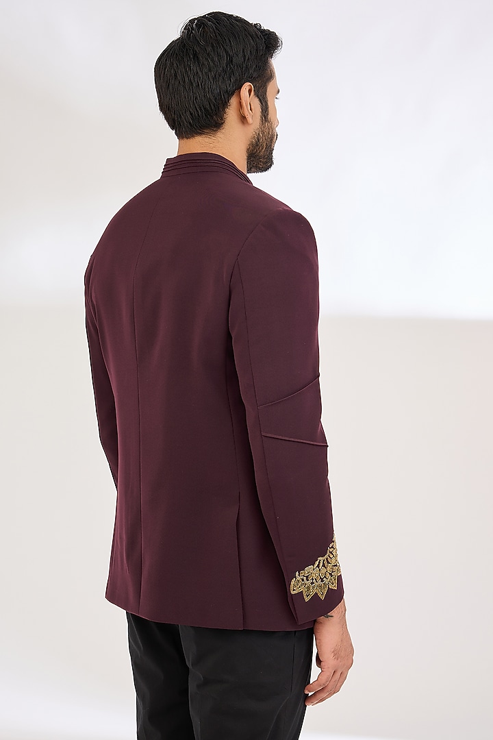 Maroon Italian Crepe Cutdana Hand Embroidered Wedding Bandhgala by Dev Kumar at Pernia's Pop Up Shop