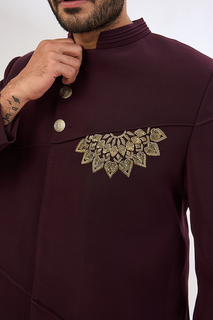 Maroon Italian Crepe Cutdana Hand Embroidered Wedding Bandhgala by Dev Kumar at Pernia's Pop Up Shop
