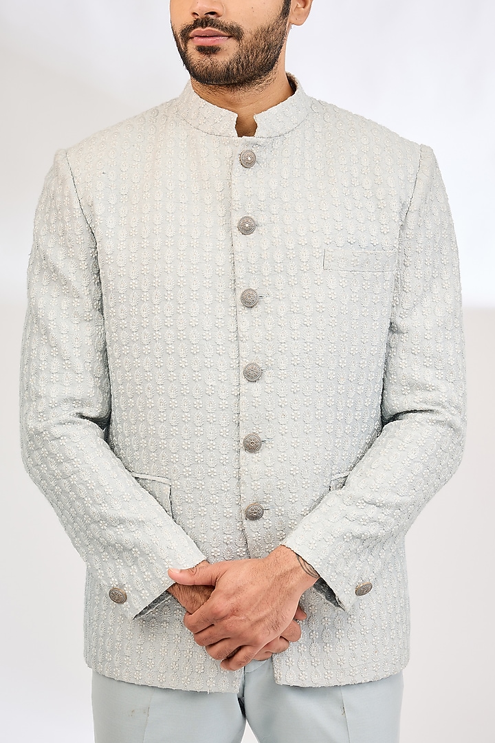 Ice Blue Italian Crepe Resham Embroidered Wedding Bandhgala Set by Dev Kumar at Pernia's Pop Up Shop
