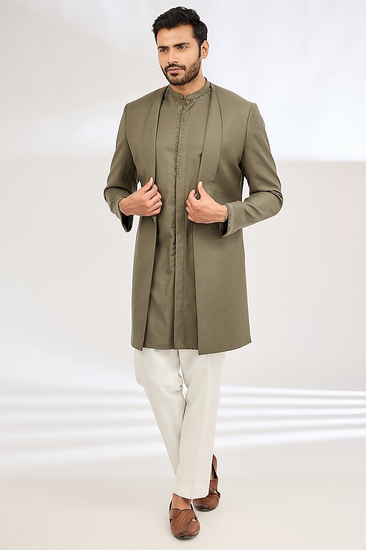 Olive Green Italian Crepe Metallic Indowestern Set by Dev Kumar