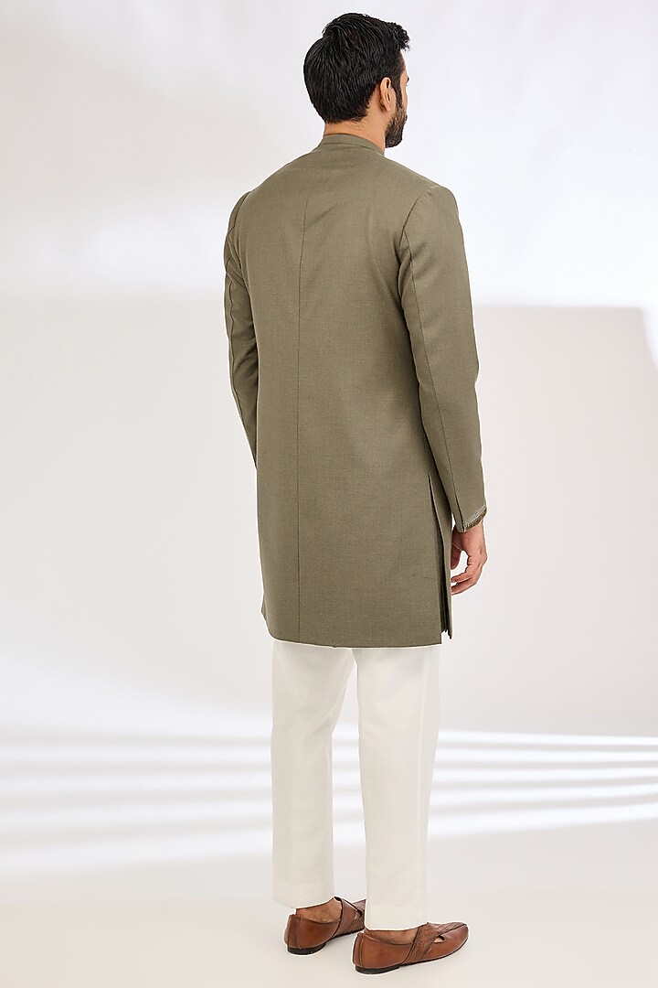 Olive Green Italian Crepe Metallic Wedding Indowestern Set by Dev Kumar at Pernia's Pop Up Shop