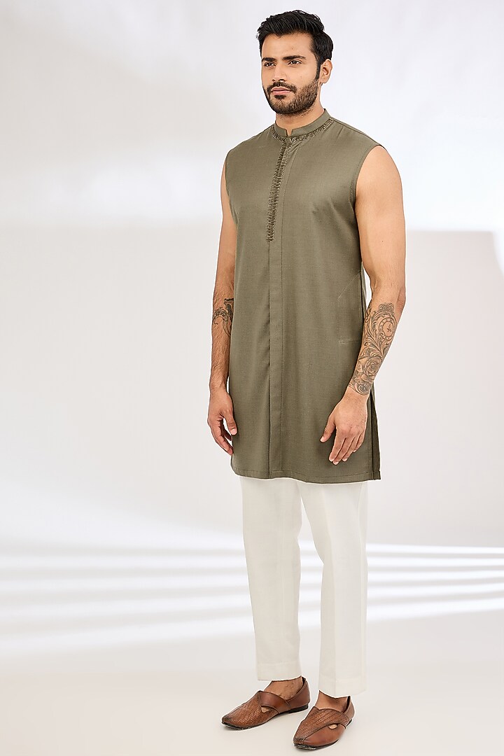 Olive Green Italian Crepe Metallic Wedding Indowestern Set by Dev Kumar at Pernia's Pop Up Shop