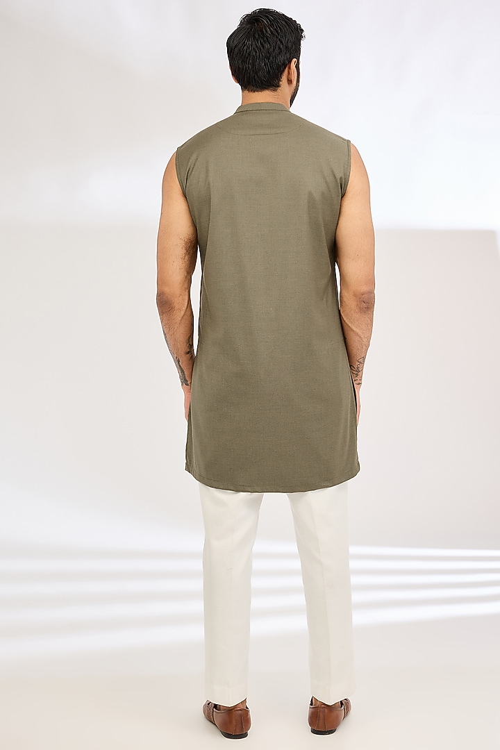 Olive Green Italian Crepe Metallic Wedding Indowestern Set by Dev Kumar at Pernia's Pop Up Shop