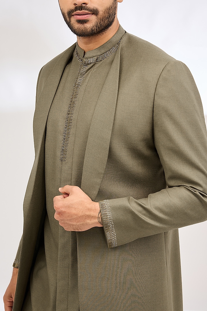 Olive Green Italian Crepe Metallic Wedding Indowestern Set by Dev Kumar at Pernia's Pop Up Shop