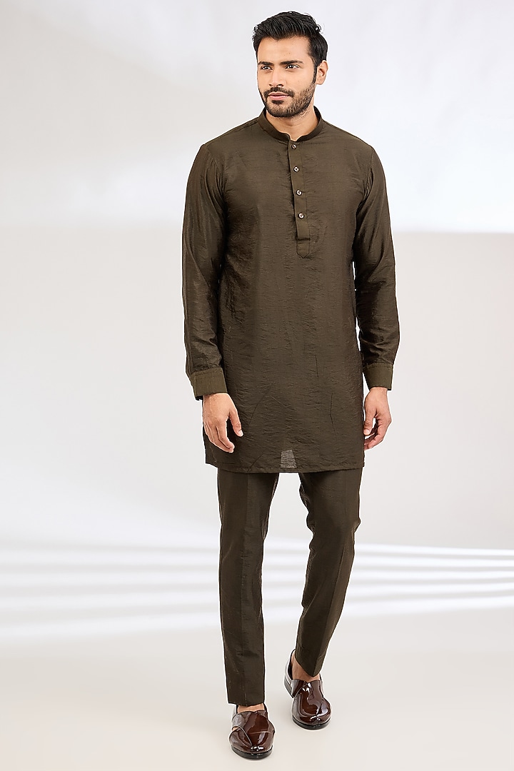 Green Raw Silk Resham Embroidered Wedding Bandhgala Set by Dev Kumar at Pernia's Pop Up Shop