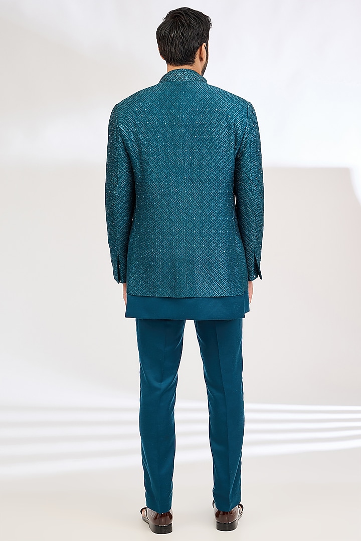 Blue Raw Silk Resham Embroidered Wedding Bandhgala Set by Dev Kumar at Pernia's Pop Up Shop