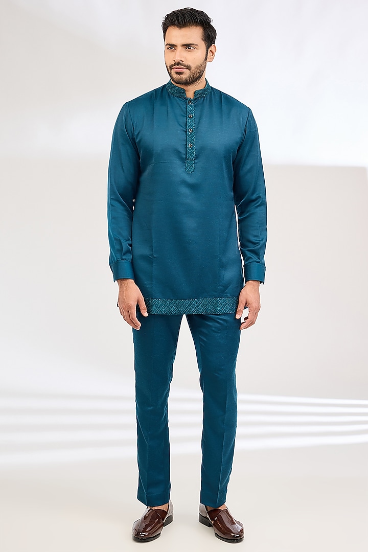 Blue Raw Silk Resham Embroidered Wedding Bandhgala Set by Dev Kumar at Pernia's Pop Up Shop