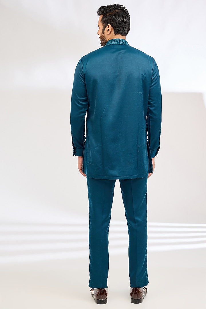 Blue Raw Silk Resham Embroidered Wedding Bandhgala Set by Dev Kumar at Pernia's Pop Up Shop