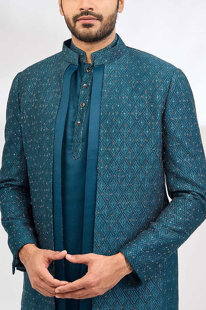 Blue Raw Silk Resham Embroidered Wedding Bandhgala Set by Dev Kumar at Pernia's Pop Up Shop