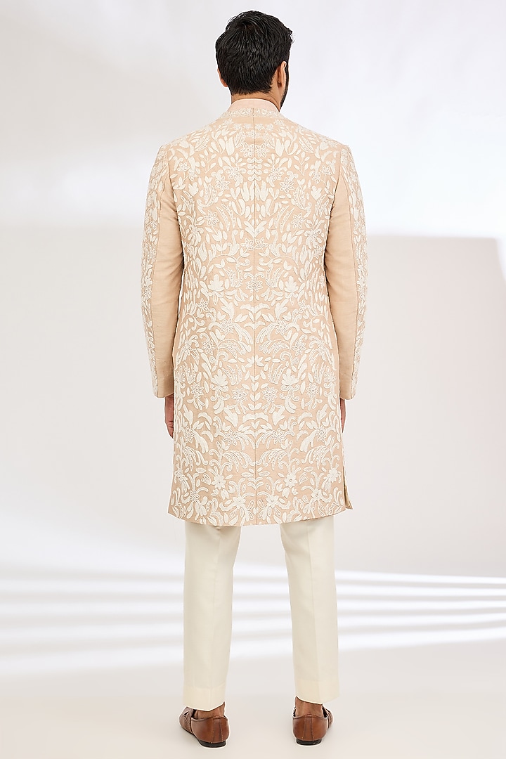 Peach Raw Silk Sequin Hand Embroidered Wedding Indowestern Set by Dev Kumar at Pernia's Pop Up Shop