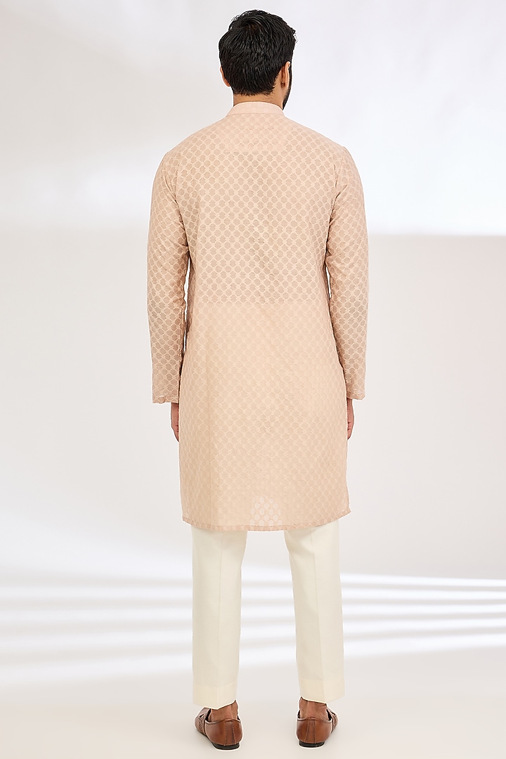 Peach Raw Silk Sequin Hand Embroidered Wedding Indowestern Set by Dev Kumar at Pernia's Pop Up Shop
