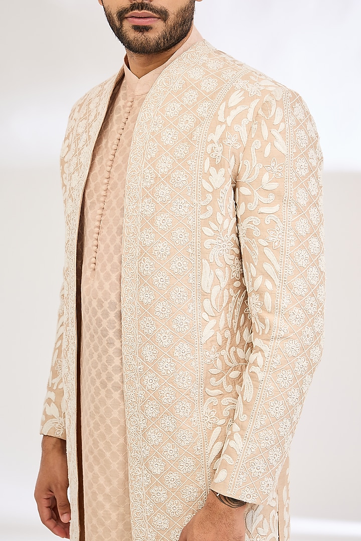 Peach Raw Silk Sequin Hand Embroidered Wedding Indowestern Set by Dev Kumar at Pernia's Pop Up Shop