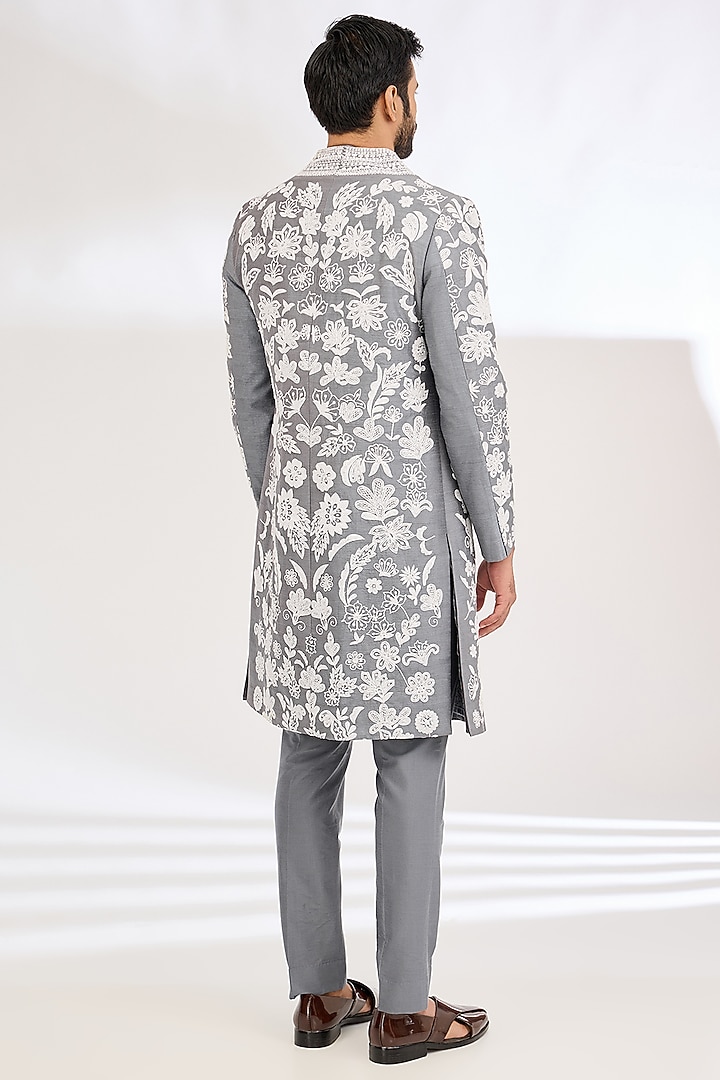 Grey Raw Silk Sequin Hand Embroidered Wedding Indowestern Set by Dev Kumar at Pernia's Pop Up Shop