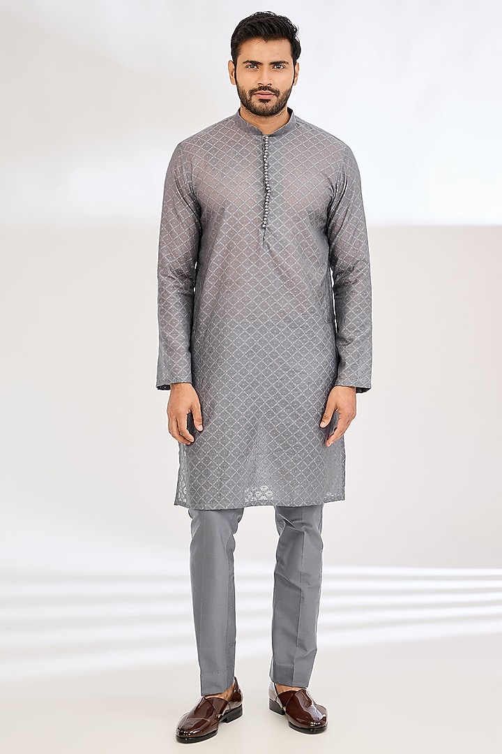 Grey Raw Silk Sequin Hand Embroidered Wedding Indowestern Set by Dev Kumar at Pernia's Pop Up Shop