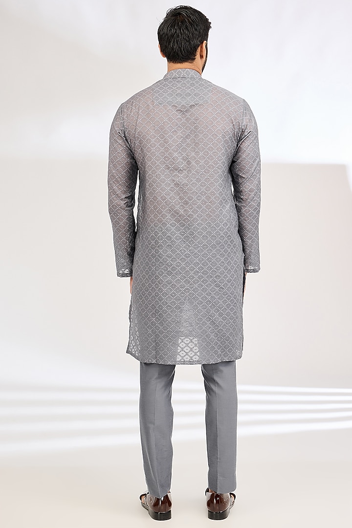 Grey Raw Silk Sequin Hand Embroidered Wedding Indowestern Set by Dev Kumar at Pernia's Pop Up Shop