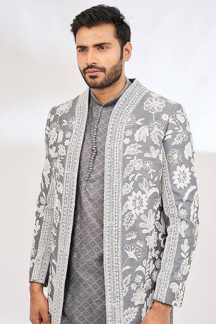 Grey Raw Silk Sequin Hand Embroidered Wedding Indowestern Set by Dev Kumar at Pernia's Pop Up Shop