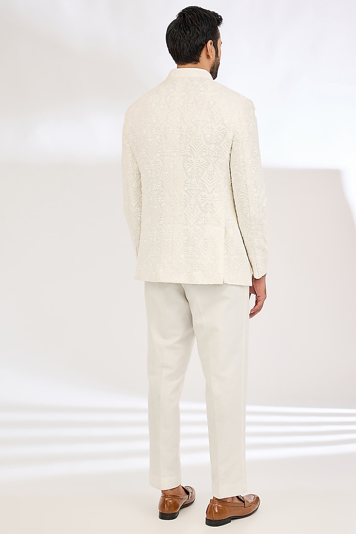 Ivory Silk Machine Embroidered Wedding Bandhgala Set by Dev Kumar at Pernia's Pop Up Shop