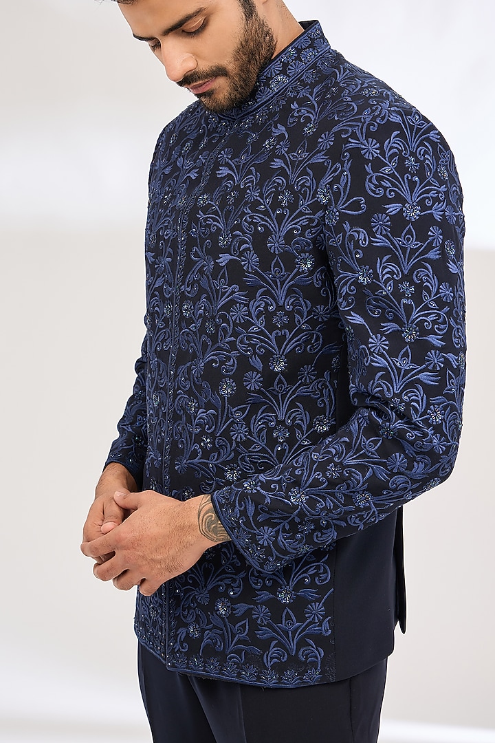 Blue Italian Crepe Cutdana Hand Embroidered Wedding Bandhgala Set by Dev Kumar at Pernia's Pop Up Shop