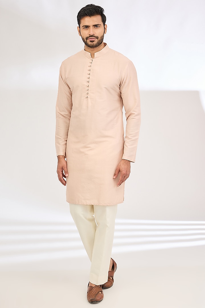 Peach Raw Silk Sequin Hand Embroidered Wedding Indowestern Set by Dev Kumar at Pernia's Pop Up Shop