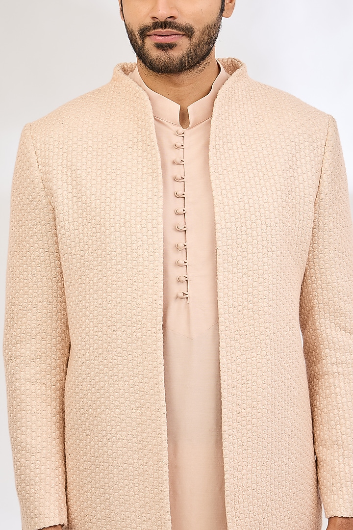 Peach Raw Silk Sequin Hand Embroidered Wedding Indowestern Set by Dev Kumar at Pernia's Pop Up Shop
