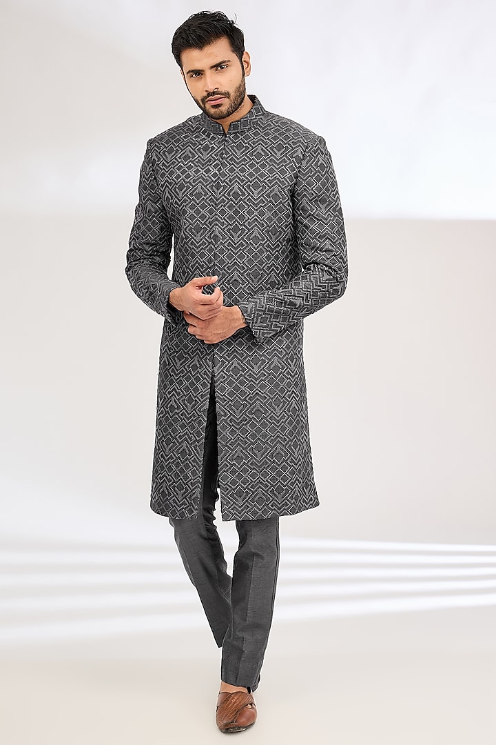 Grey Raw Silk Cutdana Work Indowestern Set by Dev Kumar