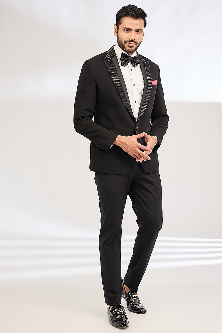 Black Italian Crepe Bead Hand Embroidered Tuxedo Set by Dev Kumar