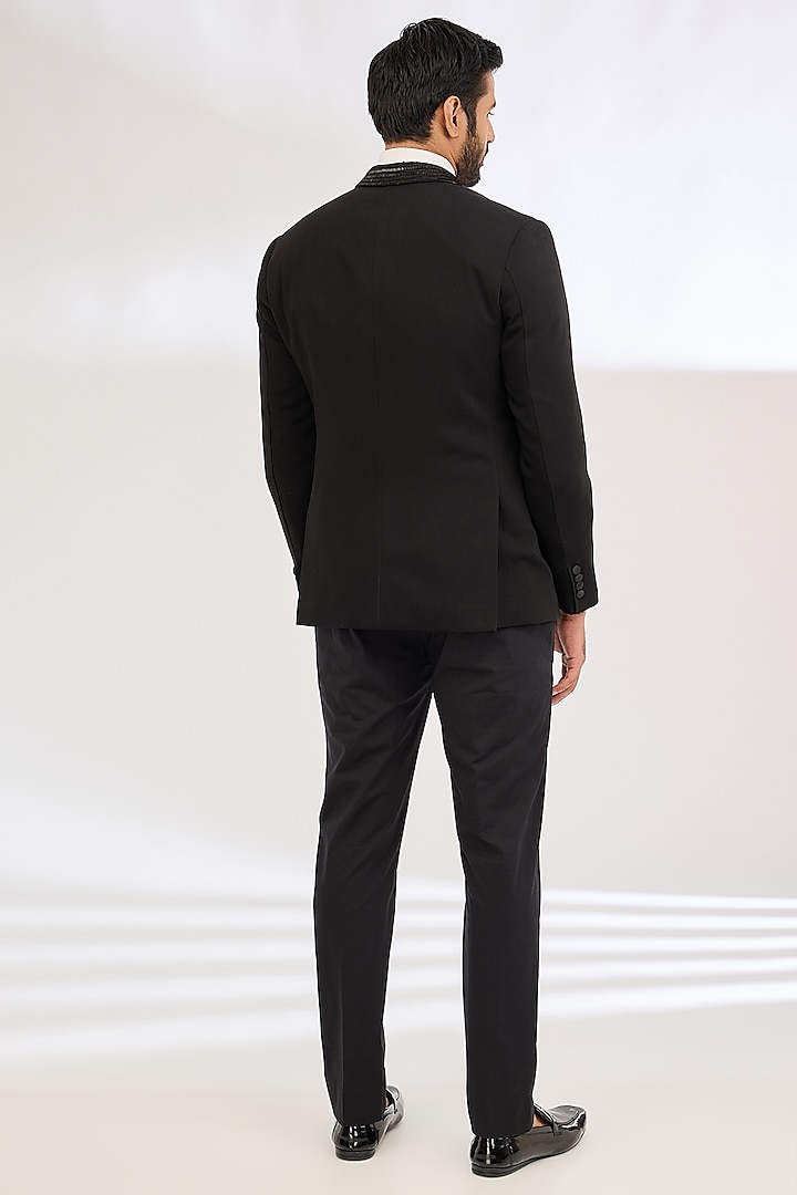 Black Italian Crepe Bead Hand Embroidered Tuxedo Set by Dev Kumar at Pernia's Pop Up Shop