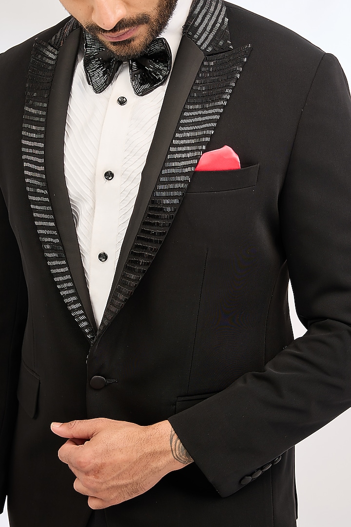 Black Italian Crepe Bead Hand Embroidered Tuxedo Set by Dev Kumar at Pernia's Pop Up Shop