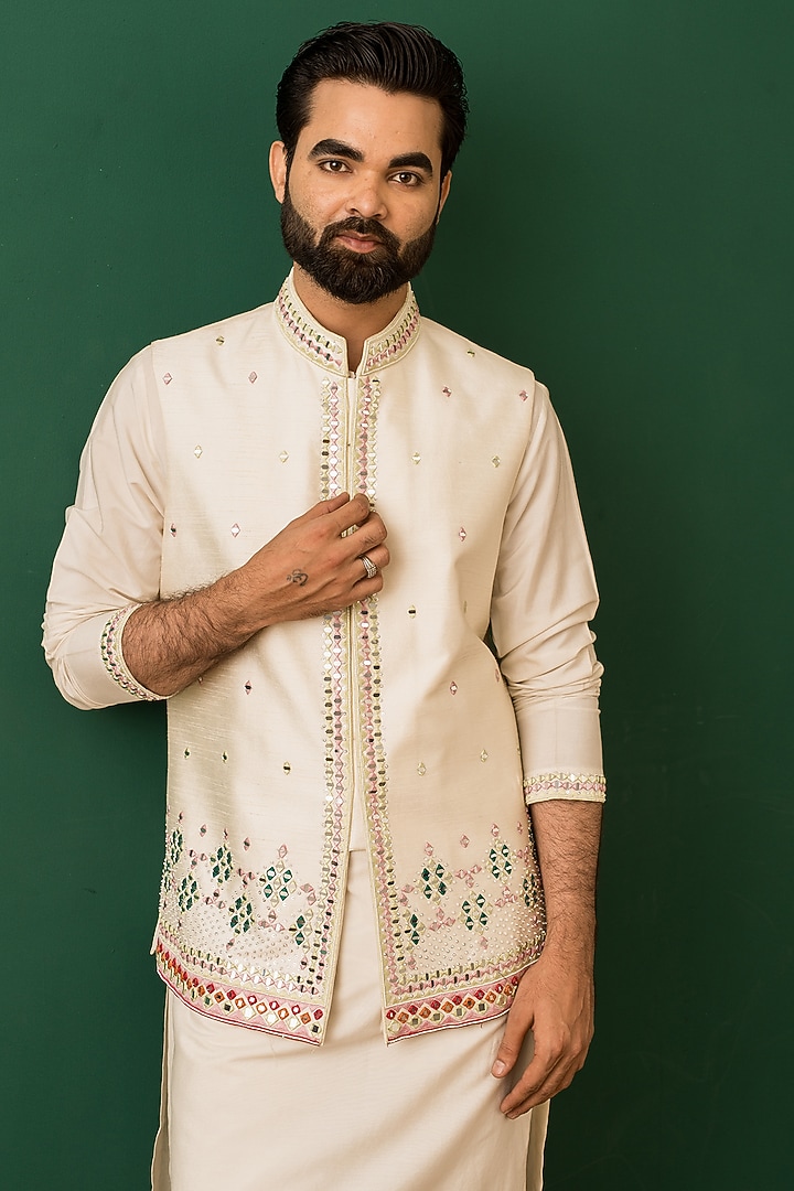 Ivory Raw Silk Resham Embroidered Nehru Jacket Set by Dev Kumar at Pernia's Pop Up Shop