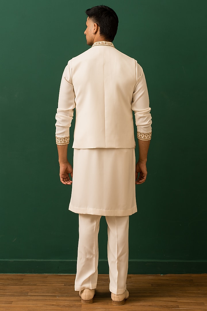 Ivory Italian Crepe Resham Embroidered Jacket Set by Dev Kumar at Pernia's Pop Up Shop