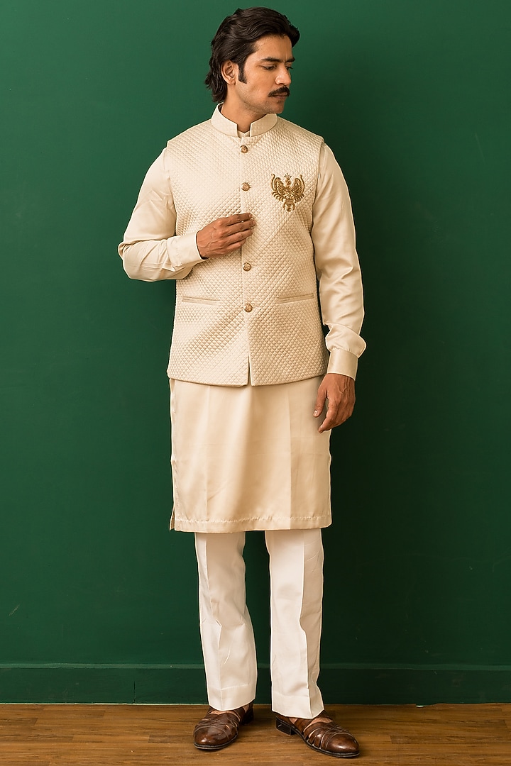 Beige Cotton Silk Bead Embroidered Nehru Jacket Set by Dev Kumar at Pernia's Pop Up Shop