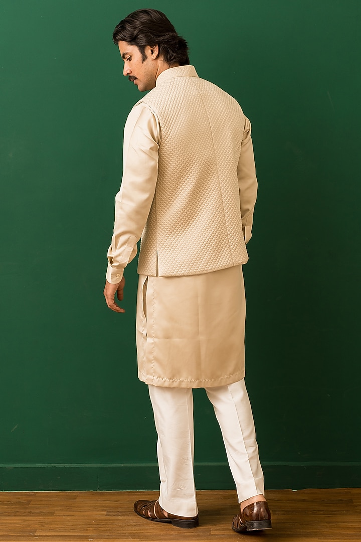 Beige Cotton Silk Bead Embroidered Nehru Jacket Set by Dev Kumar at Pernia's Pop Up Shop
