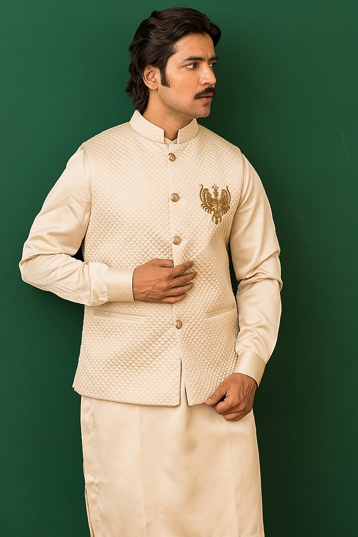Beige Cotton Silk Bead Embroidered Nehru Jacket Set by Dev Kumar at Pernia's Pop Up Shop