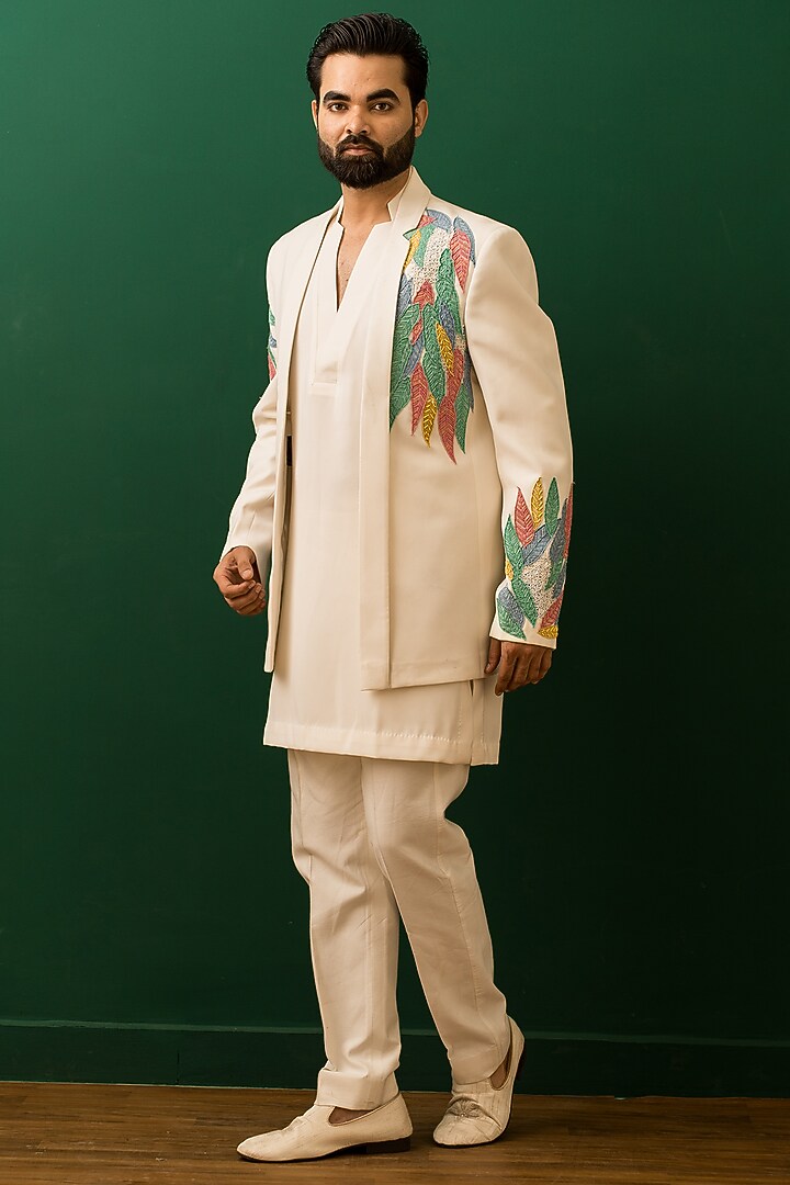 Ivory Italian Crepe Resham Embroidered Jacket Set by Dev Kumar at Pernia's Pop Up Shop