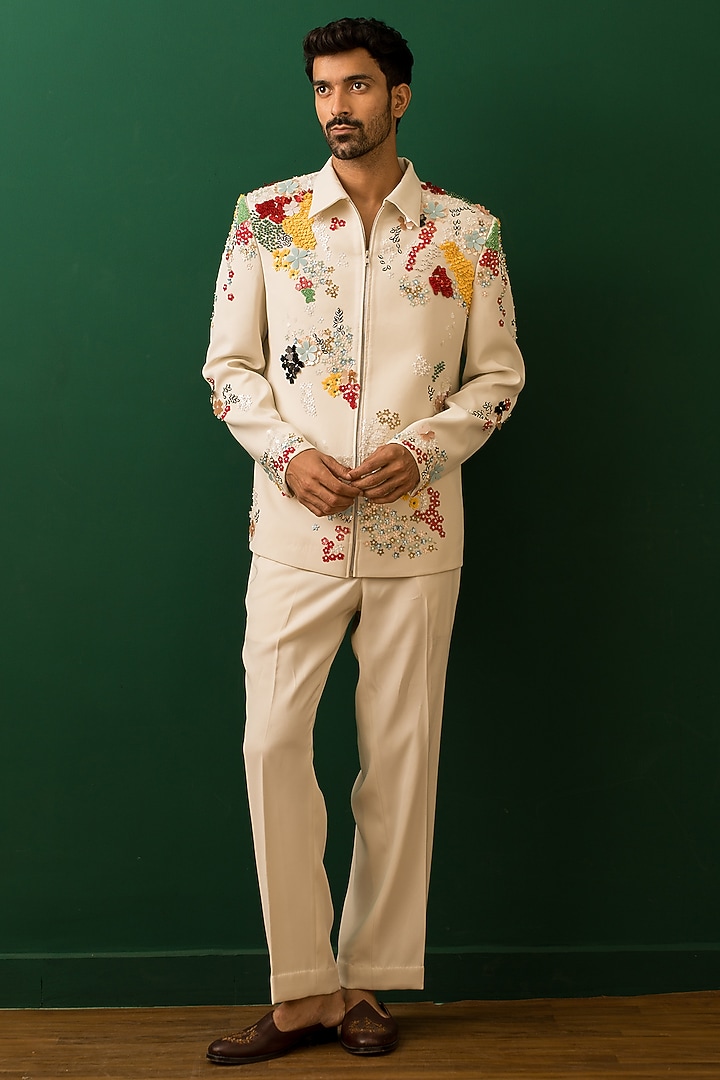 Ivory Italian Crepe Floral Embroidered Jacket Set by Dev Kumar at Pernia's Pop Up Shop