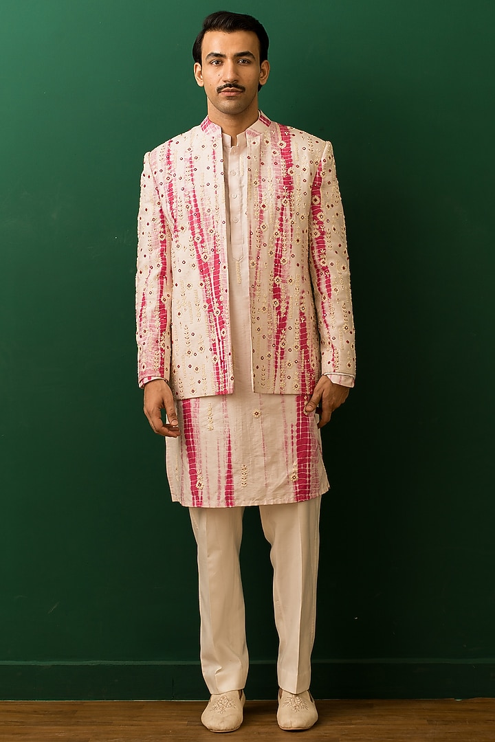 Baby Pink Raw Silk Pearl Embroidered Tie-Dye Open Jacket Set by Dev Kumar at Pernia's Pop Up Shop